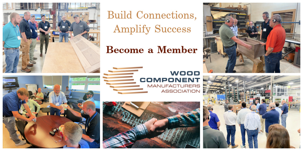 A collage of images showcasing industry professionals engaged in discussions and demonstrations related to wood manufacturing.