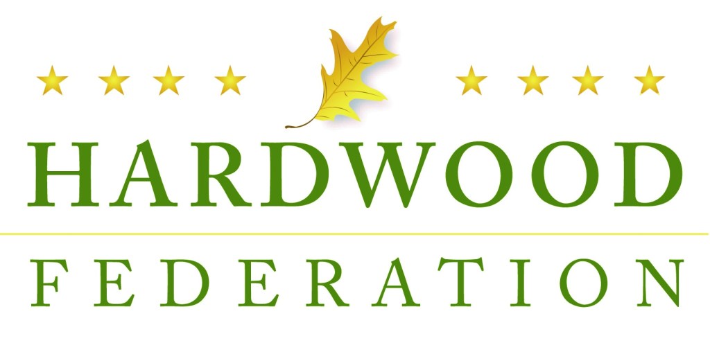 Logo of the Hardwood Federation featuring green text, a yellow leaf, and five stars.